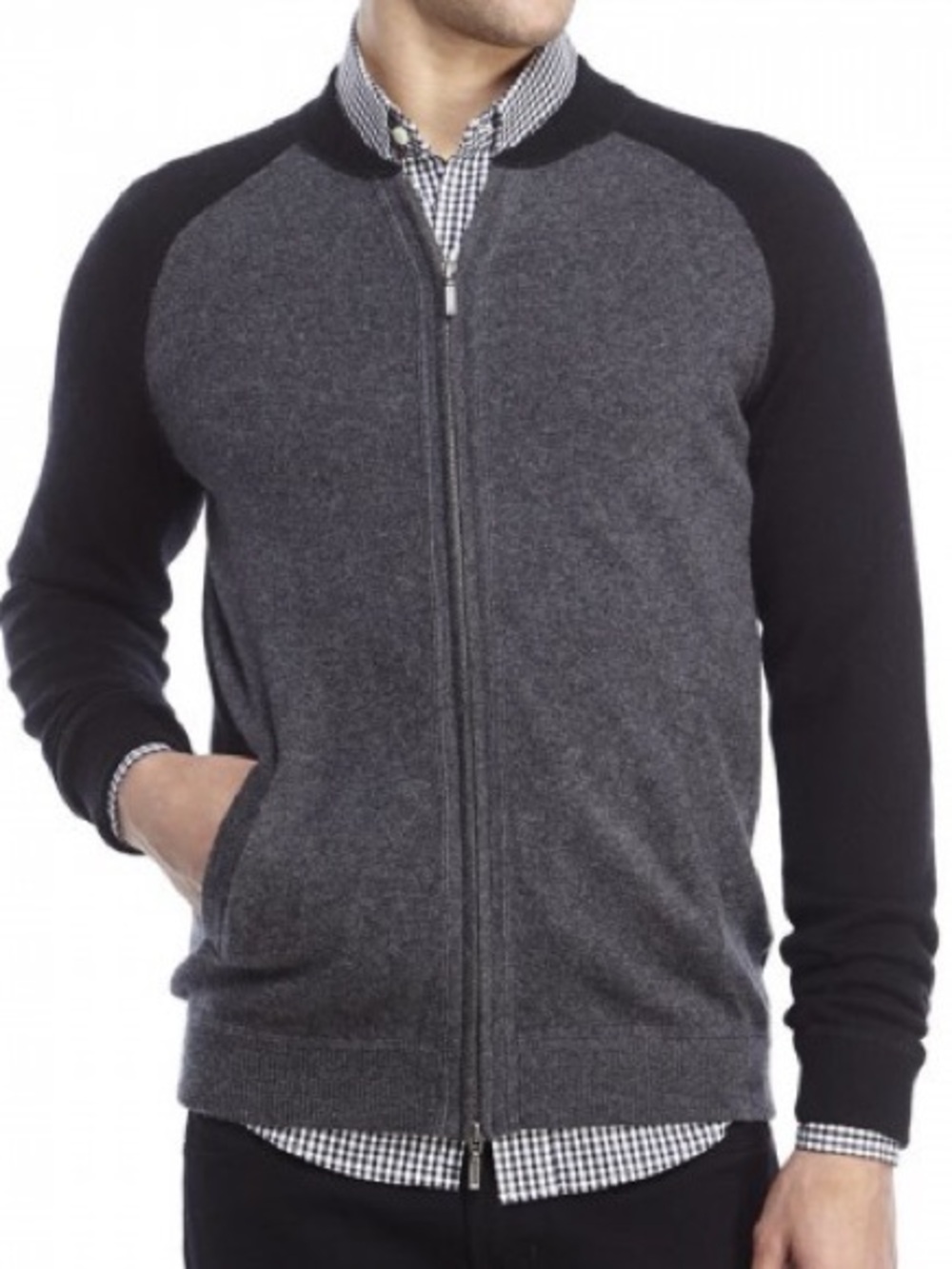 Banana Republic Men's Full-Zip Two-Tone Gray Cotton, Angora, Cashmere Sweater